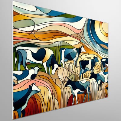 Abstract koeien schilderij | Vreemde melkweg: abstracte boerderijdieren dansen in kleurrijk universum | Kunst - 80x80 centimeter op Forex | Foto op Forex