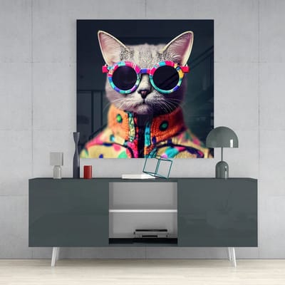 Glasschilderij - Dieren - Cool - Kat - Wall Art - Wanddecoratie - 40x40 cm - 4 mm