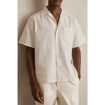Reiss Ss Seersucker Stripe Cuban Shirt White Taupe Brown Size: XS | Casual Shirts Outlet | Heren | Bruin