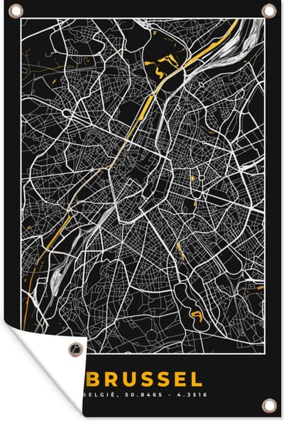 Muurdecoratie Stadskaart - Brussel - Goud - Kaart - Plattegrond - 120x180 cm - Tuinposter - Tuindoek