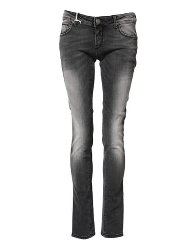 Acht Donkergrijze Katoenen Slim Fit Denim Lage Taille Jeans