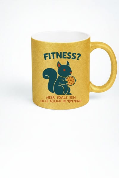 “Fitness? Meer Zoals Een Hele Koekje In Mijn Mond” 330ml Gouden Glitter Koffiemok – Grappige Eekhoorn Design – Leuk Humor Cadeau