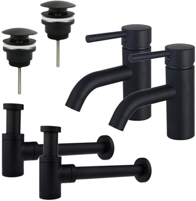 FugaFlow Eccelente Sobrado Badkamer Wastafelkraanset - voor dubbele wastafel - lage wastafelkraan - klikwaste plug - verlaagde design sifon - Mat zwart