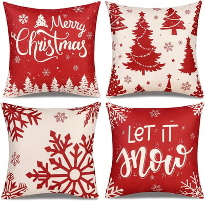 Set van 4 Kerst Kussenslopen 45x45 cm - Linnen Sierkussens met Sneeuwvlokken voor Woonkamer & Slaapkamer Decoratie