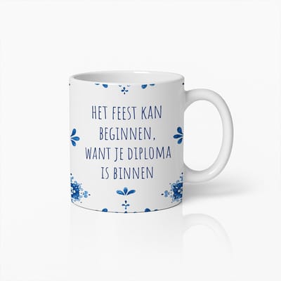 Het feest kan beginnen want je diploma is binnen Mok 330ml – Grappige Nederlandse Koffiebeker met Blauw Ontwerp – Perfect Cadeau voor Studenten, Afgestudeerden & Succesmomenten