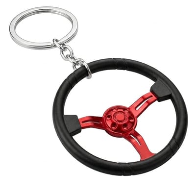 Zwart roodkleurige stuurwiel sleutelhanger metalen sleutelhanger dames en heren met rond stuur ontwerp en rood middendeel, decoratieve keychain voor autosleutel en tas