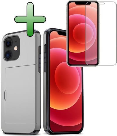 Hoes Geschikt voor iPhone 11 Hoesje Hard Case Met Pas Houder Met Screenprotector - Hoesje Geschikt voor iPhone 11 Hoes Shockproof Hard Cover Met Kaarthouder - Grijs