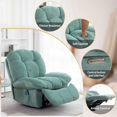 Luxury Elektrische Massagestoel – Verstelbare Relaxstoel met Verwarming, Vibratie, 360° Draai- en Schommelwieg, Type-C & USB-Poorten – Ergonomische TV-Fauteuil van Ademende Stof en Carbon Staal voor Woonkamer – Saliegroen / Green (101 x 94 x 100 cm)