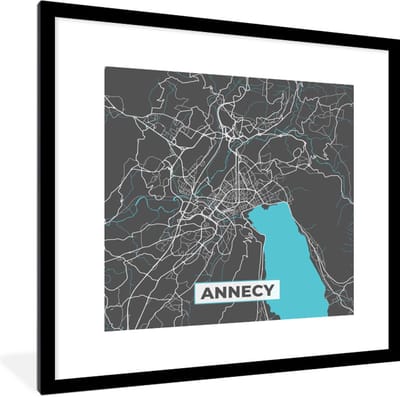 Fotolijst incl. Poster - Plattegrond - Annecy - Kaart - Stadskaart - Frankrijk - 40x40 cm - Posterlijst