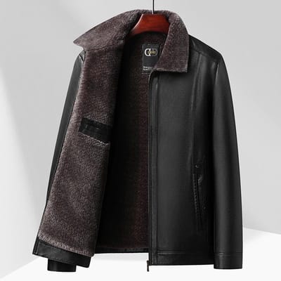 Winter Nieuwe Heren Leren Jas Business Casual Kleding voor Middenjarige Vader Bont Geïntegreerd Verdikt Warme Leren Jas Heren 190 zwart