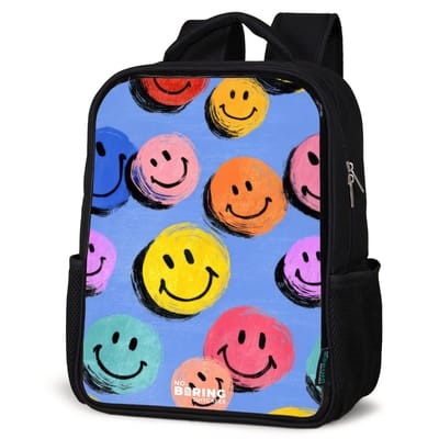 NoBoringSuitcases.com® - Rugzak zwart - Schooltas jongen & meisje - Een speels en kunstzinnig patroon van kleurrijke smileys - Rugtas voor school - Boekentas kind - Schoolrugzak - Kinderrugzak