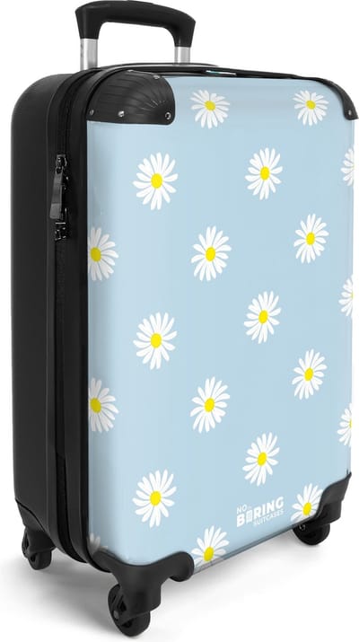 NoBoringSuitcases.com® - Handbagage cabine koffer lichtgewicht - Reiskoffer trolley vrouwen - Blauwe rolkoffer op wieltjes met madeliefjes - Reistrolley - Reizen - Past binnen 55x40x20 en 55x35x25