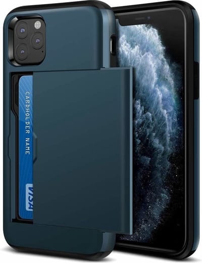 ShieldCase Kaarthouder case met slide geschikt voor Apple iPhone 11 Pro Max - hoesje met ruimte voor pasjes - pasjeshouder - hardcase - donkerblauw