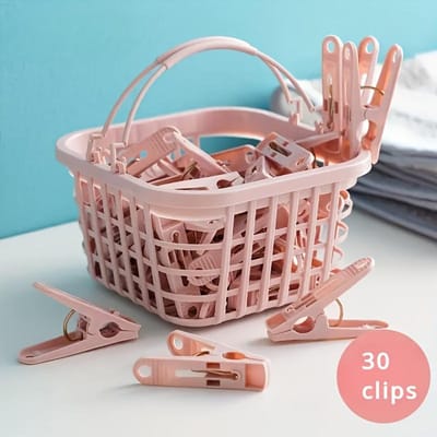 30 pinces à linge en plastique durable avec paniers indépendants, pinces à linge portables pour vêtements, literie et chaussettes, pour la maison et le voyage rose