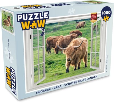 Puzzel Doorkijk - Gras - Schotse Hooglander - Legpuzzel - Puzzel 1000 stukjes volwassenen