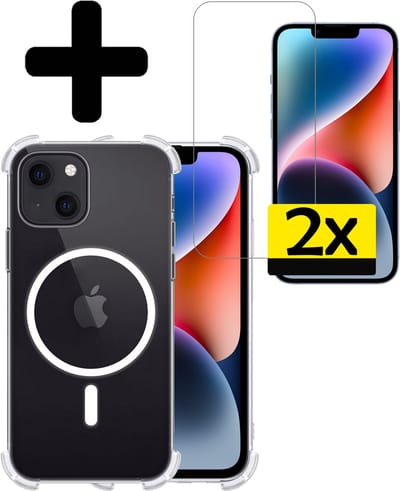 Hoesje - Met 2x Screenprotector - Geschikt voor Apple iPhone 14 Plus - Magsafe Compatible - Sterk & Shockproof - Back Cover - Shock Proof Case - Telefoon Hoes - Telefoonhoesjes - Transparant