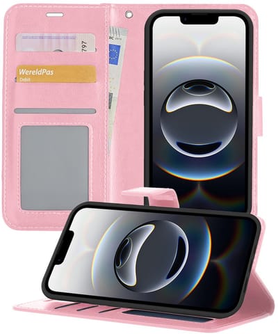 Hoesje - Geschikt voor Apple iPhone 16e / 17e - Luxe Bookcase - Walletcase Hoes - Portemonnee - Cover - Telefoonhoes - Lichtroze