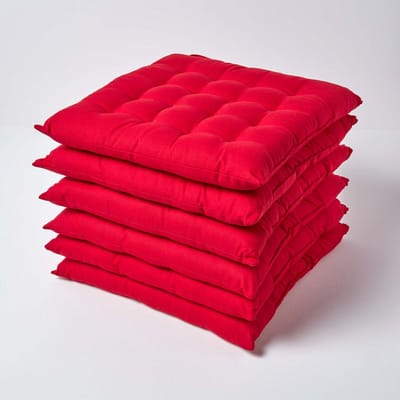 Homescapes stoelkussens – set van 6 zitkussens – katoen – 40x40 cm – rood – met lint – voor eetkamer & buitengebruik