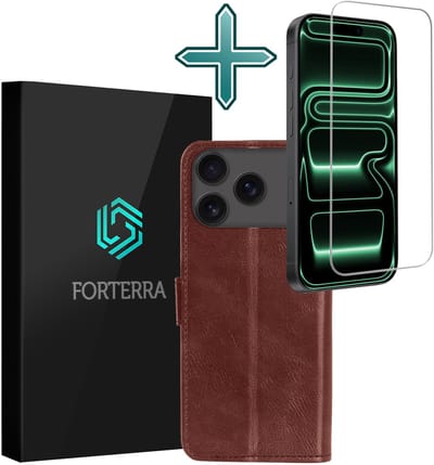 Hoesje Met Screenprotector - Geschikt voor Apple iPhone 17 Pro - Luxe Pasjeshouder - Flipcase - Bookcase Portemonee - Flip Case - Kunstleer Book Case - Book Cover - Walletcase - Portemonneehoes - Bruin