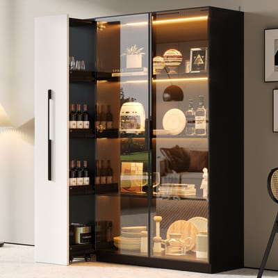 Multifunctionele Kast - 110x35x160 cm - Vitrinekast met Led - Met Zij-uittrek - Hout - Zwart