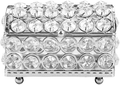 Dailygoods- Sieradendoos Kristal - Opbergdoos met Deksel - Sieradenrek - Oorbellen/Ringen - 10,5 x 6,5 x 8,5 cm - Zilver