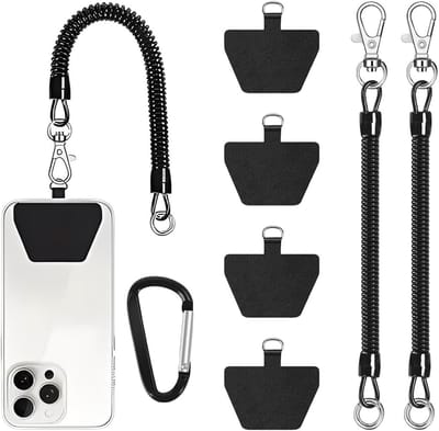 Veiligheidsset voor Mobiele Telefoons - 2 Kabels, 4 Pads en 1 Carabiner - Universele Anti-Diefstal Oplossing met Flexibele Spiralkabel voor Smartphones