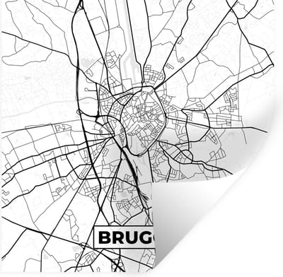 Muurstickers - Sticker Folie - Zwart Wit – België – Plattegrond – Stadskaart – Kaart – Brugge - 100x100 cm - Plakfolie - Muurstickers Kinderkamer - Zelfklevend Behang XXL - Zelfklevend behangpapier - Stickerfolie