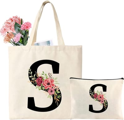 Katoenen tas met initialen en bloemen - beige draagtas met binnenzak en bijpassende make-uptas, herbruikbare boodschappentas voor dagelijks gebruik