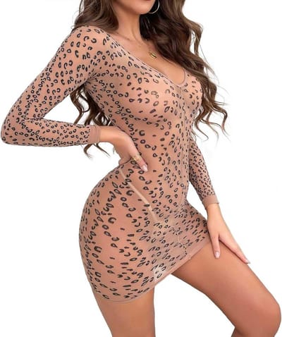 Verleidelijke Dames Bodystocking met Luipaardprint en Lange Mouwen - Sexy Catsuit voor Avondkleding en Feestjes