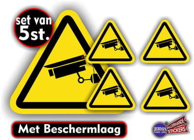 Jerma - Cameratoezicht - Stickers - set - 1 van 12x12 - 5 van 5x5 cm - Zelfklevend - Weerbestendig