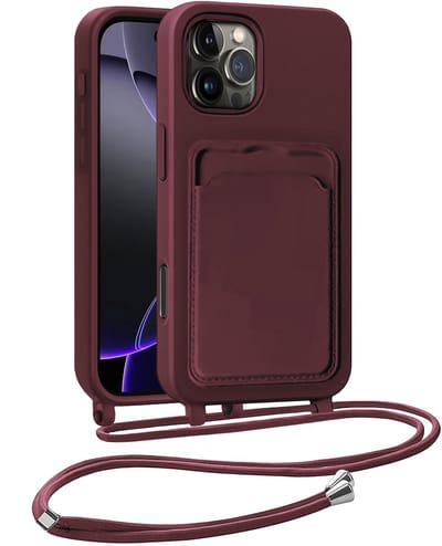 Hoesje Geschikt voor iPhone 16 Pro Hoesje Met Telefoonkoord en Pasjeshouder Siliconen - Hoes Geschikt voor iPhone 16 Pro Hoesje Met Kaarthouder Case - Aubergine
