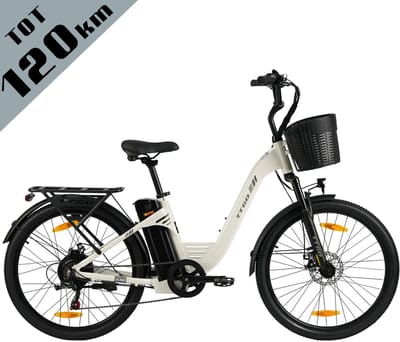 TTGO Elektrische Fiets C2 Pro - 26" stadsfiets - Tot 120 km Actieradius - 36V 18Ah Accu - Shimano 7 Versnellingen - LCD Display - Voorvorkvering - Inclusief Bagagedrager en Mand - wit