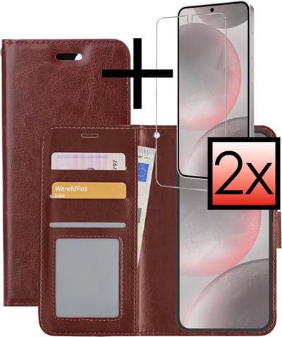 Hoesje - Met 2x Screenprotector - Geschikt voor Samsung Galaxy S24 - Luxe Pasjeshouder - Bookcase Portemonee - Flip Case - Kunstleer Book Case - Flipcase Hoes - Book Cover - Walletcase - Portemonneehoes - Bruin