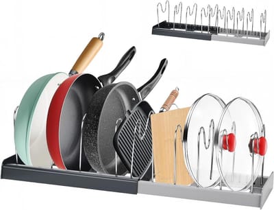 Pandekselhouder, uitbreidbare pannendeksel-organizer, opslag met 10 verstelbare scheidingswanden, antislip pannenhouder, keukenorganizer (zwart)
