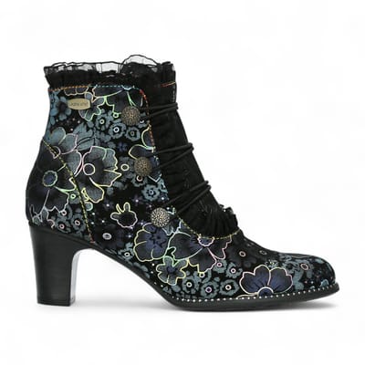 Laura Vita Elcodieo 224 Blauwe Bloemen Dames Gothic Victoriaanse Leren Enkellaarzen met Hak