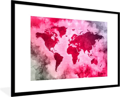 Poster in lijst - Fotolijst 90x60 cm - Posters - Wereldkaart - Rood - Zwart - Posterlijst zwart - Decoratie - Wanddecoratie woonkamer - Muurdecoratie slaapkamer