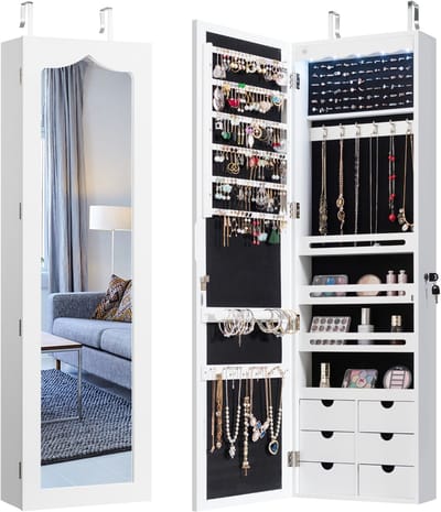 COSTWAY Sieradenkast met ledverlichting, 6 laden en spiegel, simpelkast hangend, hangkast voor deur en wandmontage, afsluitbaar