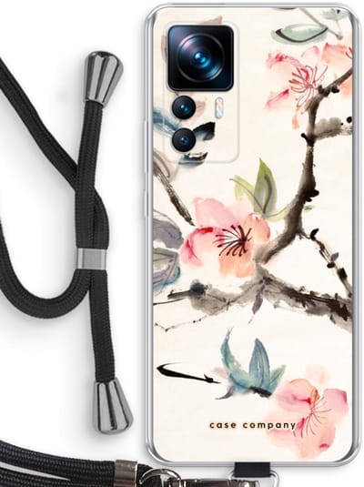 Case Company® - Hoesje met koord geschikt voor Xiaomi 12T hoesje met Koord - Japanse bloemen - Telefoonhoesje met Zwart Koord - Bescherming aan alle Kanten en Over de Schermrand