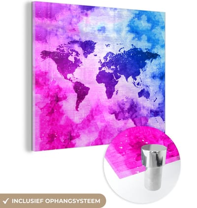 ® Glasschilderij 90x90 cm - Schilderij acrylglas - Wereldkaart - Rook - Kleuren - Foto op glas - Muurdecoratie woonkamer - Wanddecoratie slaapkamer - Schilderijen