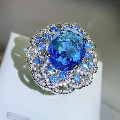Simulatie Zee Blauw Topaas Kleur Schat Openen Ring Vrouwelijk Stempel Mode Grote Bloem Ring Feest Bruiloft Cadeau resizable blue