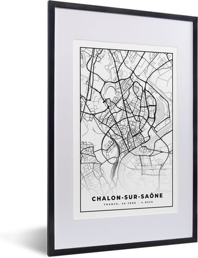 Fotolijst incl. Poster Zwart Wit- Stadskaart - Frankrijk - Chalon-sur-Saône - Kaart - Plattegrond - Zwart wit - 40x60 cm - Posterlijst
