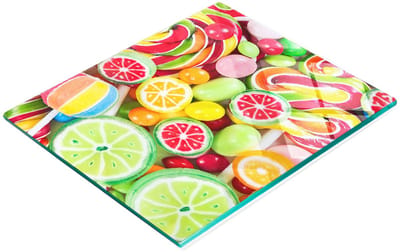 Stijlvol en duurzaam glazen bord met kleurrijke snoepprint, 60x52 cm