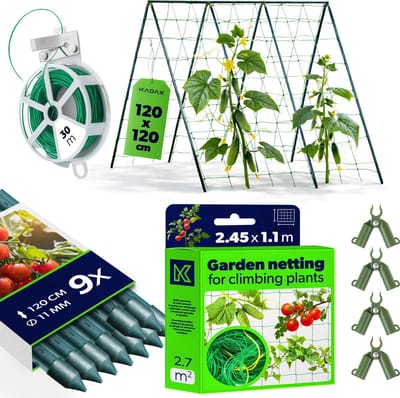KADAX komkommer trellis set - 9 x plantstang 120 cm, trellis net 1,8 x 5 m, 4 x plantstang verbindingsstukken, 30 m tuindraad - komkommer trellis hulp, trellis, komkommer trellis net