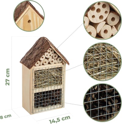 Bijenhotel - insectenhotel - onbehandeld - bijenhuis van massief hout voor bijen - lieveheersbeestjes en gaasvliegen - insectenhuis en nesthulp om op te hangen (houten dak)