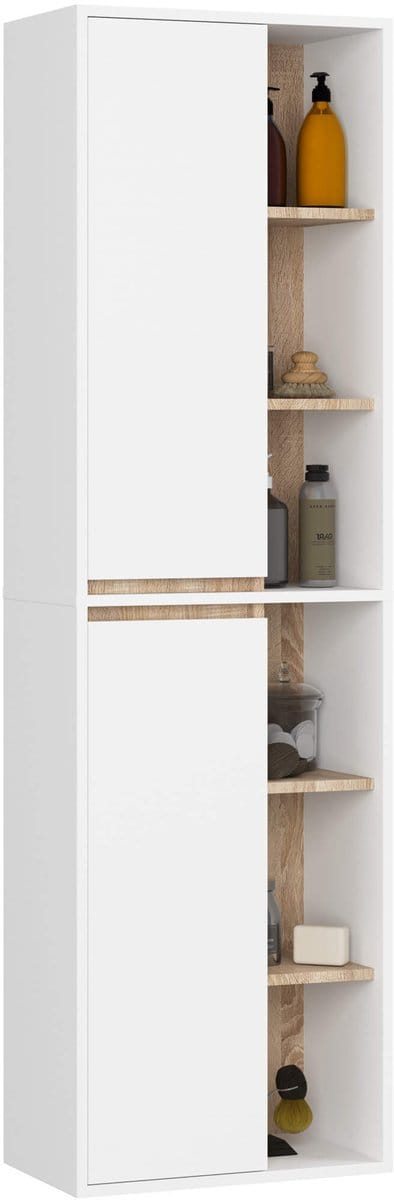 Hangende Badkamerkast Kolomkast VAMI W50 met 2 Deuren en 10 Planken / Wit – Sonoma Eik / AKORD Furniture Factory / 50x170x30 cm