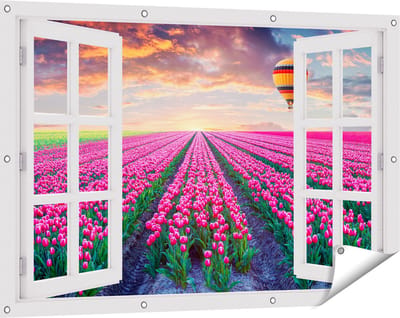 Gards Tuinposter Doorkijk Bloemenveld met Roze Tulpen - Luchtballon - 120x80 cm - Tuindoek - Tuindecoratie - Wanddecoratie buiten - Tuinschilderij