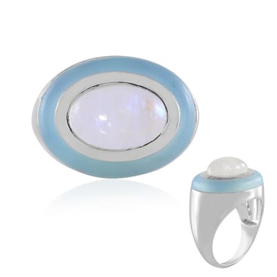 Cavill - Zilveren ring - 925 sterling zilver - Blauwe chalcedoon 3,83 ct & Regenboogmaansteen 3,6 ct - Elegante cabochon ring dames India