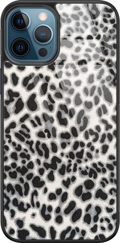 Hoesje geschikt voor iPhone 12 - Luipaard grijs - Luxe Glazen Hardcase - Hippe print - Grijs - Leuke Telefoonhoesjes