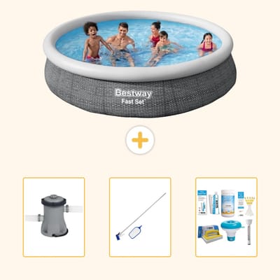 Bestway Rond Opblaasbaar Fast Set Zwembad - Rotanprint - 366 x 76 cm - Inclusief Pomp - Schoonmaakset - Onderhoudspakket - 4-delig