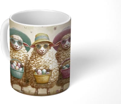 Mok - Koffiemok - Schaapjes - Eieren - Bloemen - Zonnebril - Mokken - 350 ML - Beker - Koffiemokken - Theemok
